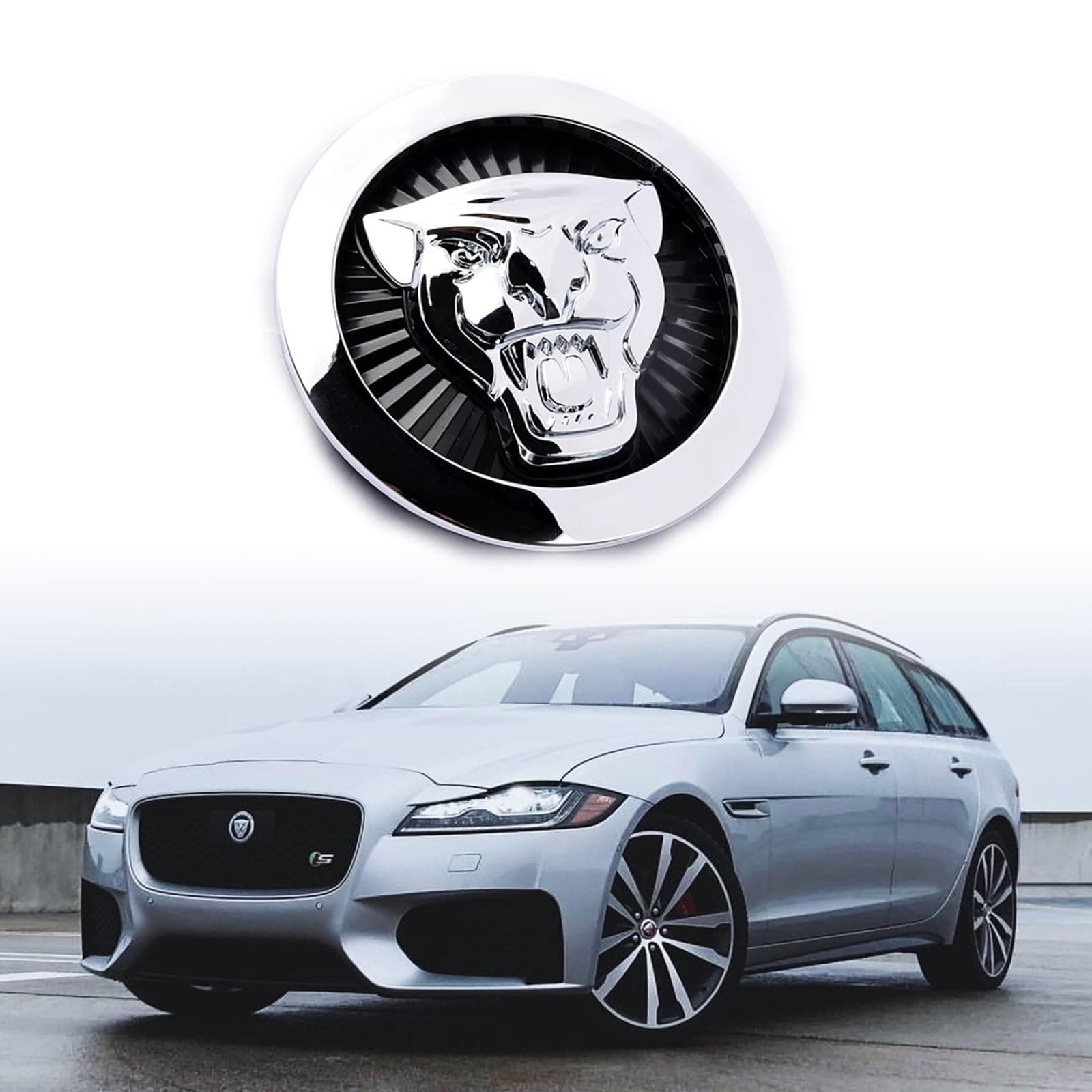 Emblem Compatible with XE XF XJ F-Type F-PACE Front Center Grille Emblem 3.38inch Car Badge Emblem Leopard Jagvar Accessories(Front Black-Chrome)