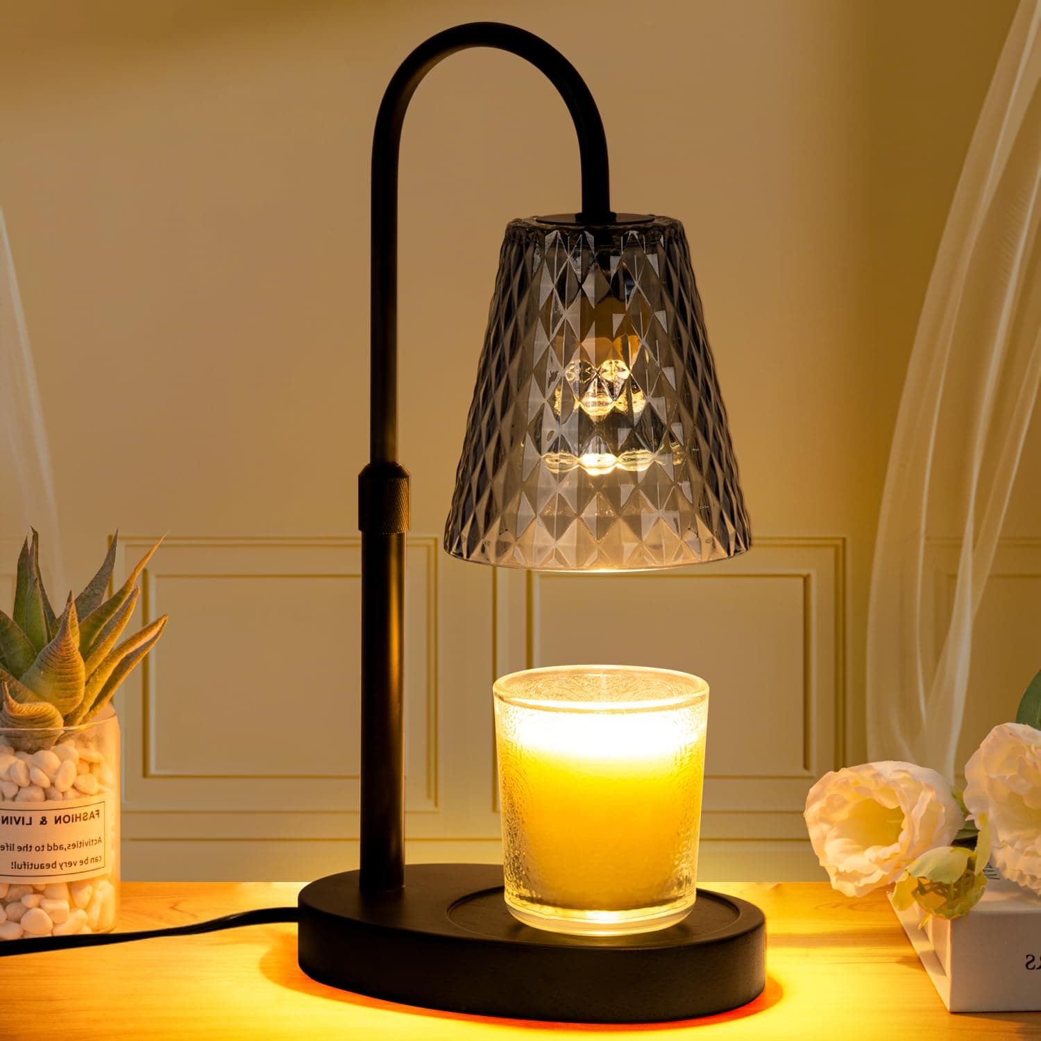 Candle Warmer with Timer - Electric Candle Warmer with Dimmer, Adjustable Height, Vintage Nightstand Lamp Sets (Diamond Pattern)