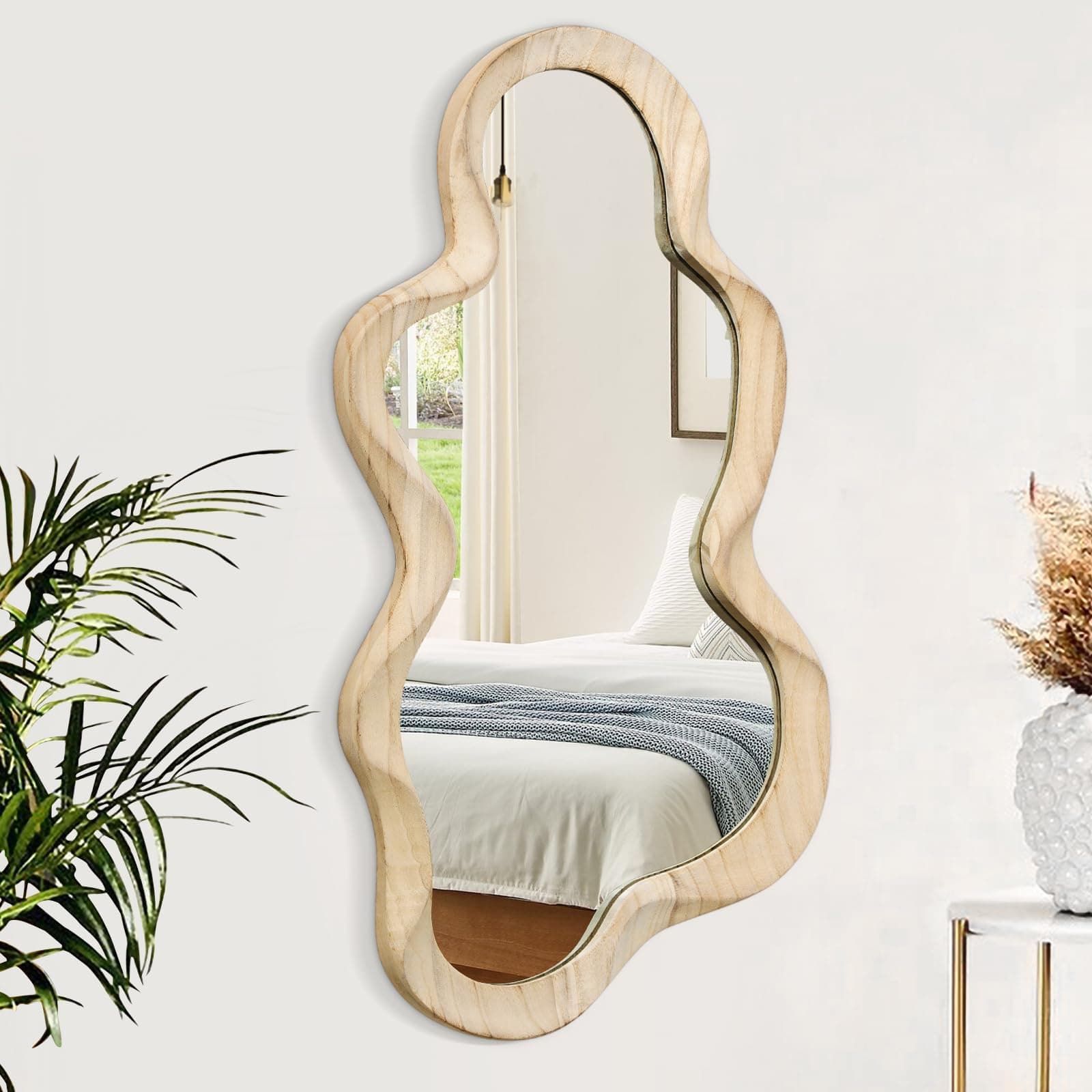 Asymmetrical Cloud Wavy Mirror, Large Irregular Wall Mirror, Modern Wood Frame, Unique Artistic Mirrors, Cute and Stylish, Decorative for Cloakroom, Bedroom, Living Room, Bathroom, Entryway