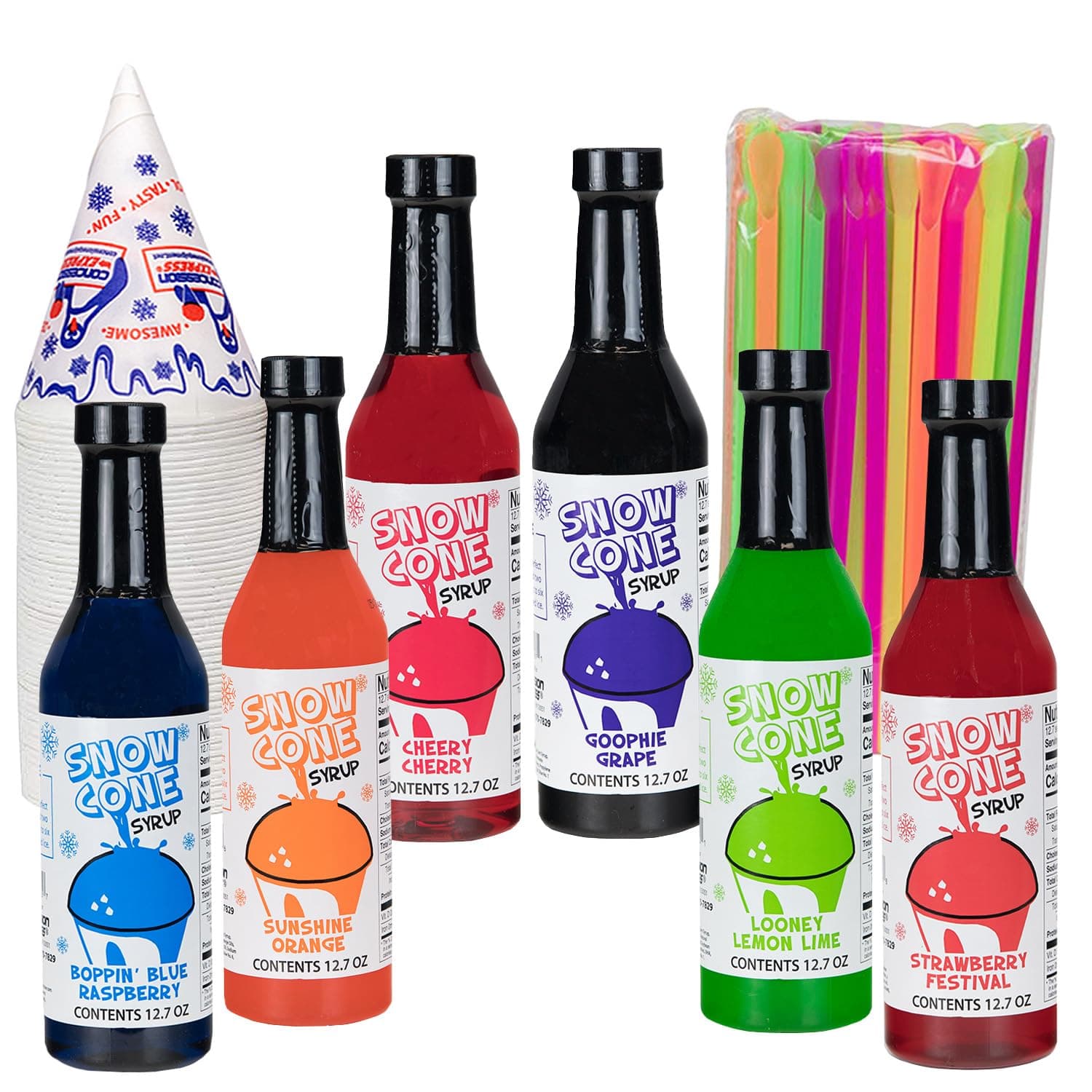 12.7oz Snow Cone Syrups (6 Pack w/Cups and Straws)