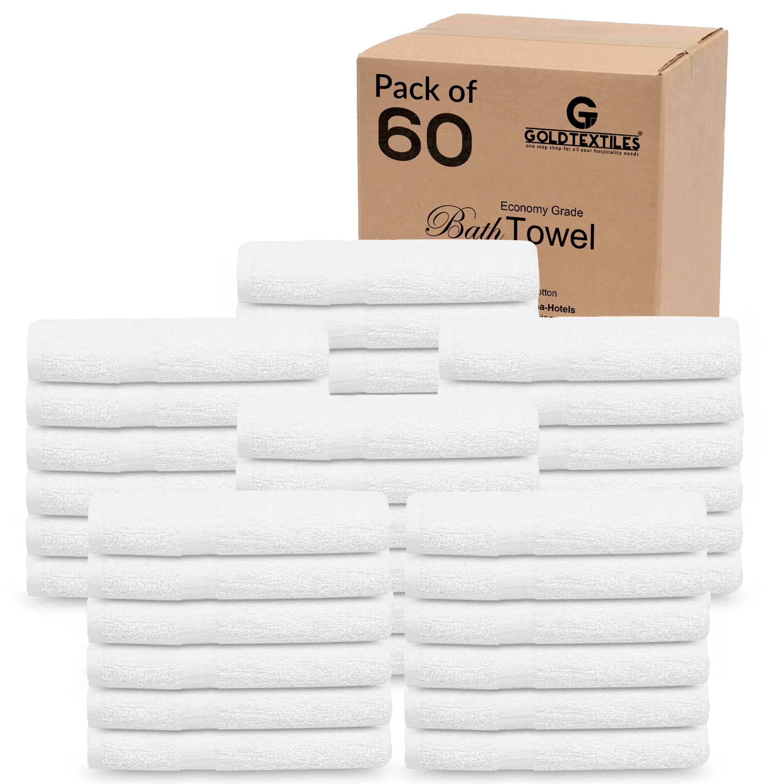 60 Pack White Hotel Bath Towels Bulk 20x40 Inches - Cotton Blend Economy Cheap Bath Towel for Commercial Uses, Gym, Salon, Spa & Hair - Lightweight Quick Dry (60 Pcs White)