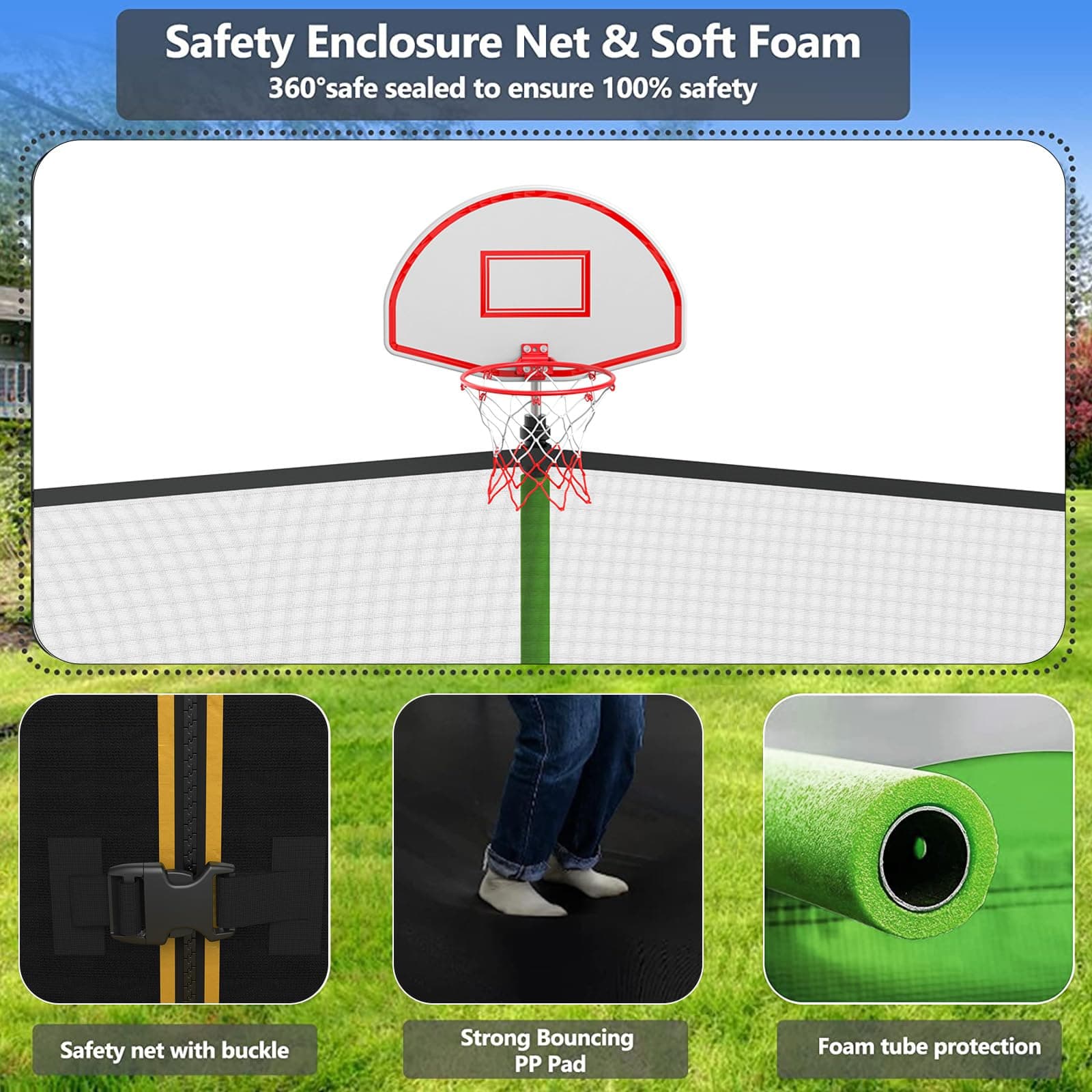 Lyromix Upgraded 10/12/14/15/16FT Trampoline with Light, Stakes, Sprinkler, Basketball Hoop and Net, Capacity for 4-6 Kids and Adults