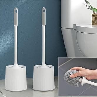 Clyton Pack Of 2 Toilet Cleaning Brush And Holder Set Free Stand Long Handle Bathroom Sleek Toilet Bowl Cleaner Brush With Stand, Pot Commode Bathroom Cleaning Scrubber Brushes Plastic Bristles