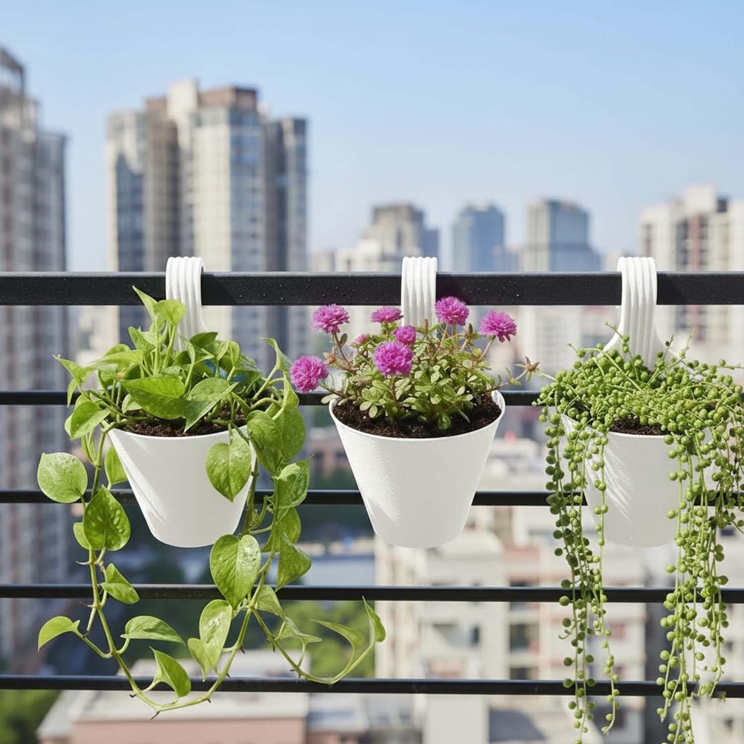 Go Hooked Plastic Hanging Planter for Plants, Railing Flower Pots, Pot Diameter (22 cm), Pot Height (17 cm) (Set of 3)(White)