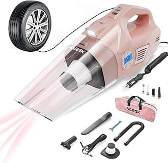 VARSK 4-in-1 Car Vacuum Cleaner High Power, Presents for Her Women Girls Mom, Pink Handheld Car Vacuum Portable Tire Inflator with Digital Tire Pressure Gauge LCD Display and Light, 12V DC, 15FT Cord