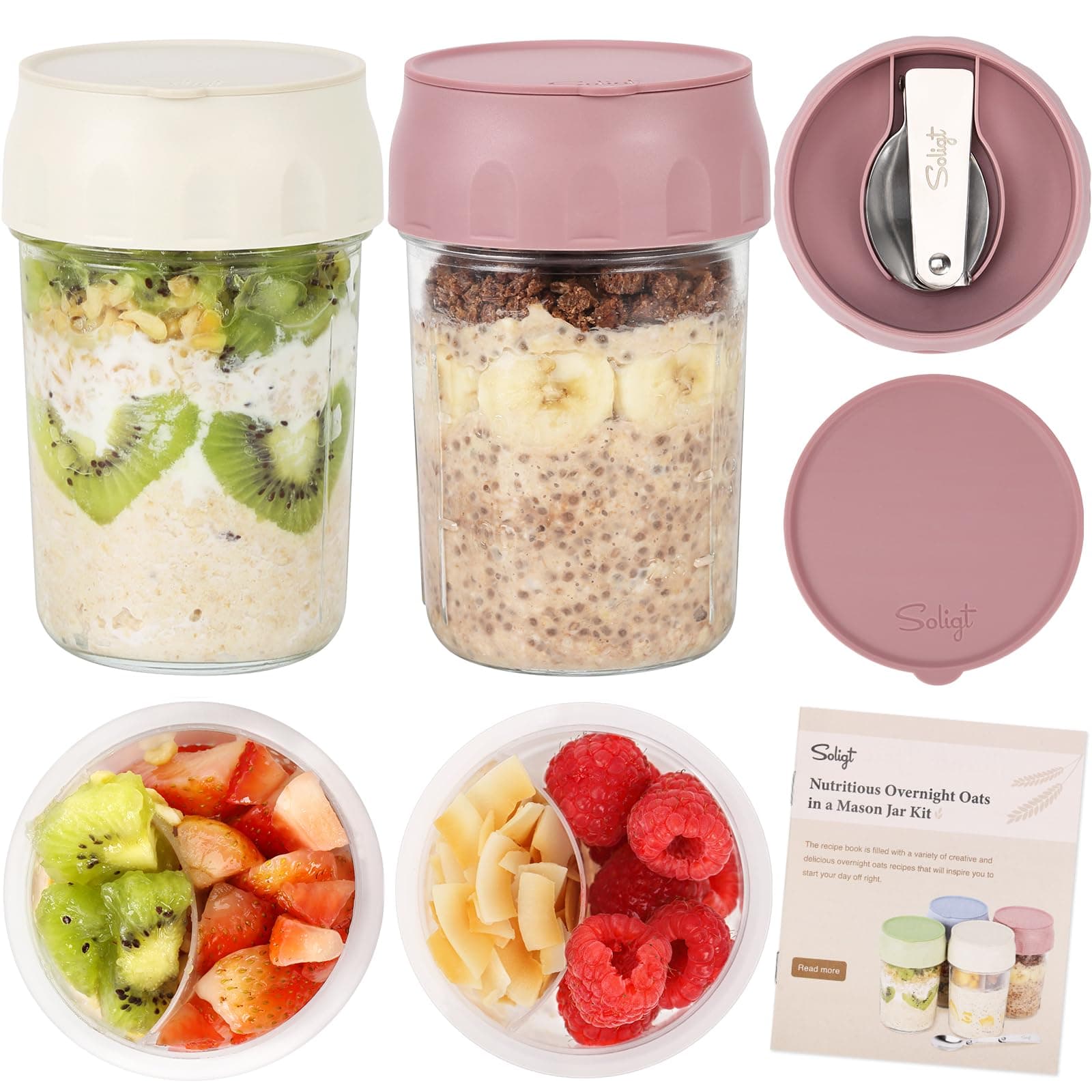 SOLIGT 2 Pack Overnight Oats Containers with Lids, Folding Spoons and Divided Compartments for Fruit & Nuts, Small Glass 16oz Mason Jars for Oatmeal Yogurt Parfait (2 Set-Oat White/Rose Pink)