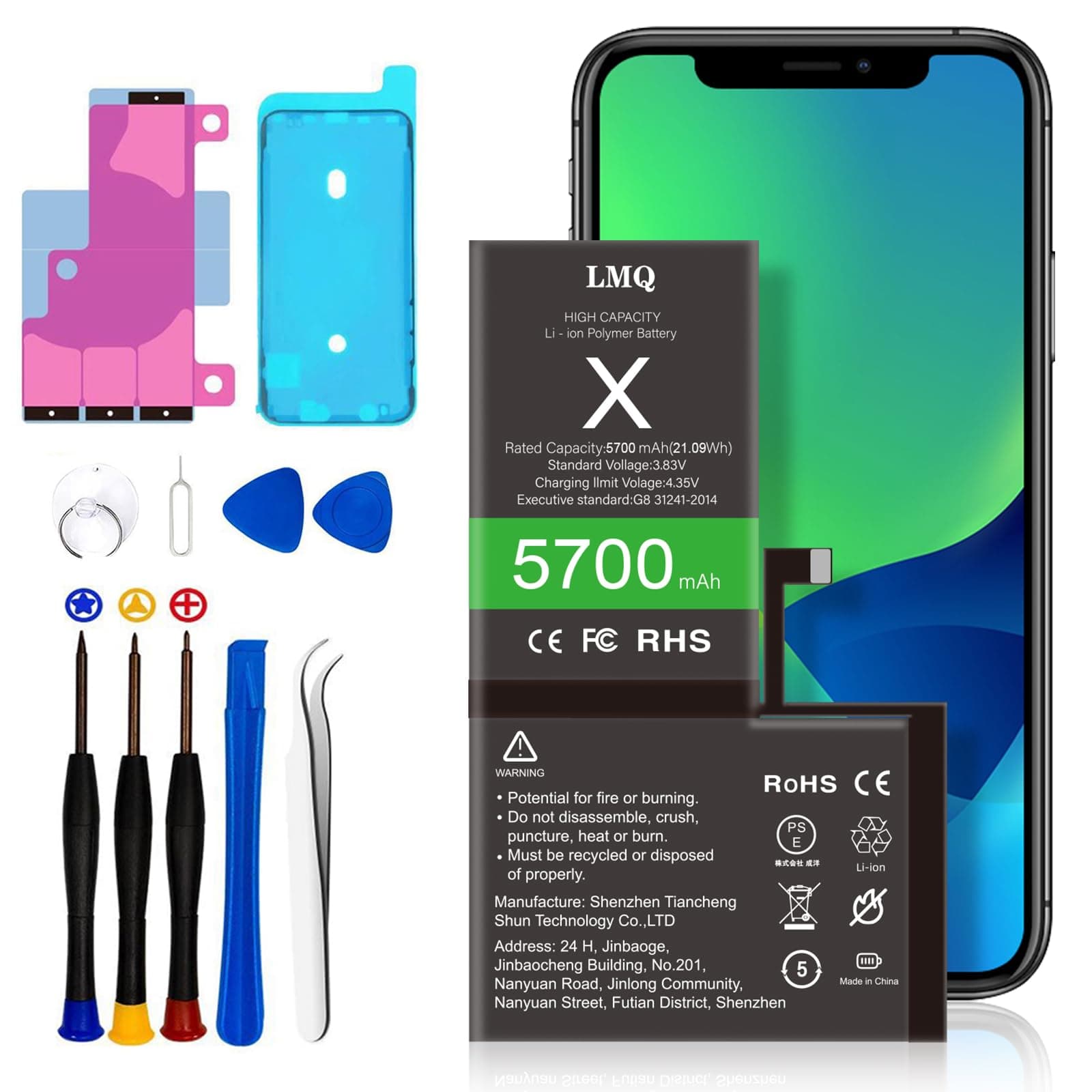 LMQ 5700mAh Super Capacity Battery Compatible with iPhone X, 0 Cycle Li-Polymer Replacement Battery for iPhone X （Model A1865, A1901, A1902） with Repair Tool Kit+Adhesive