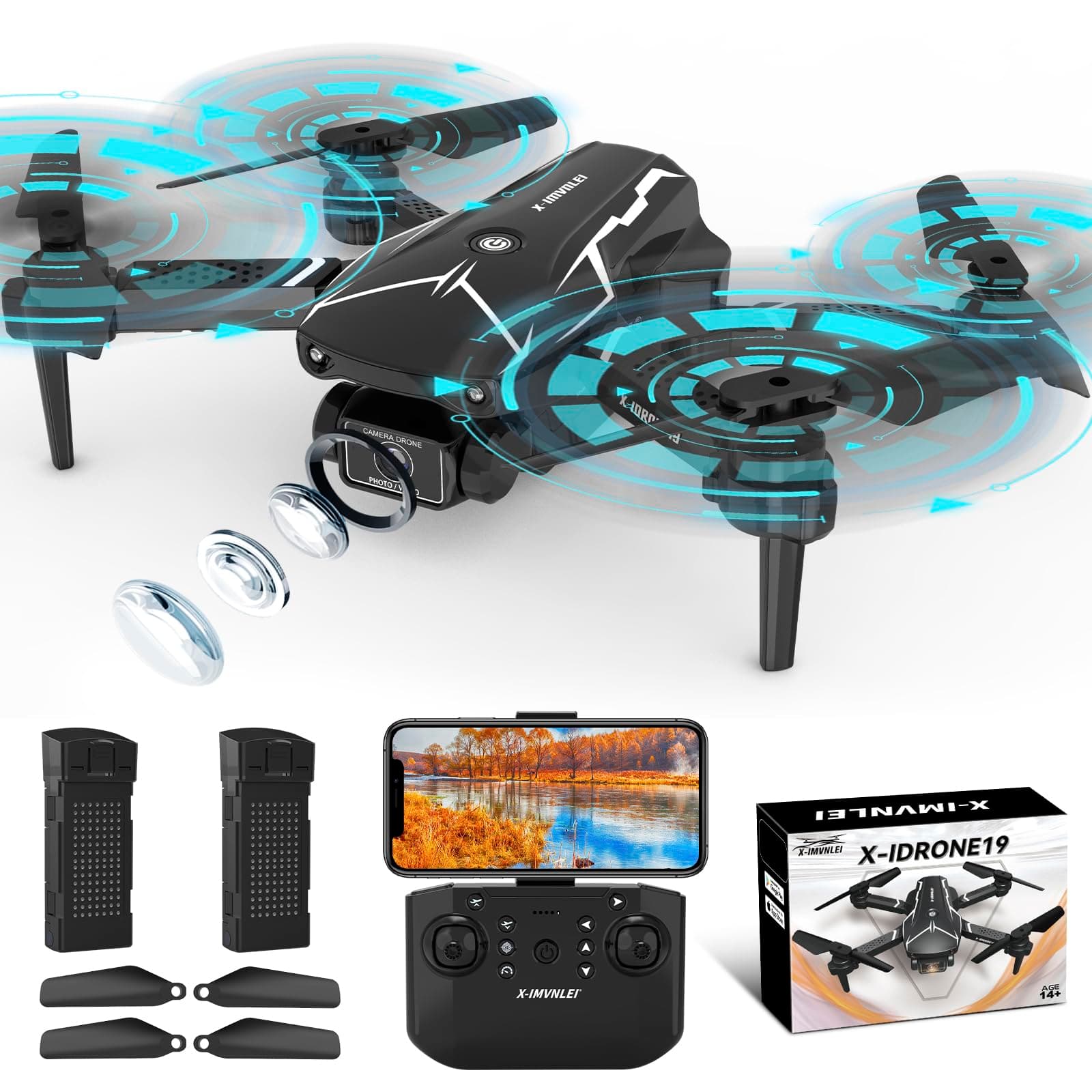 X-IMVNLEI19 Drones with Camera for Adults 720P, Foldable FPV Drones for Beginners with Live Video, Altitude Hold with Optical Flow Positioning, 3D Flips, 2 Cameras, One Key Start, 2 Batteries