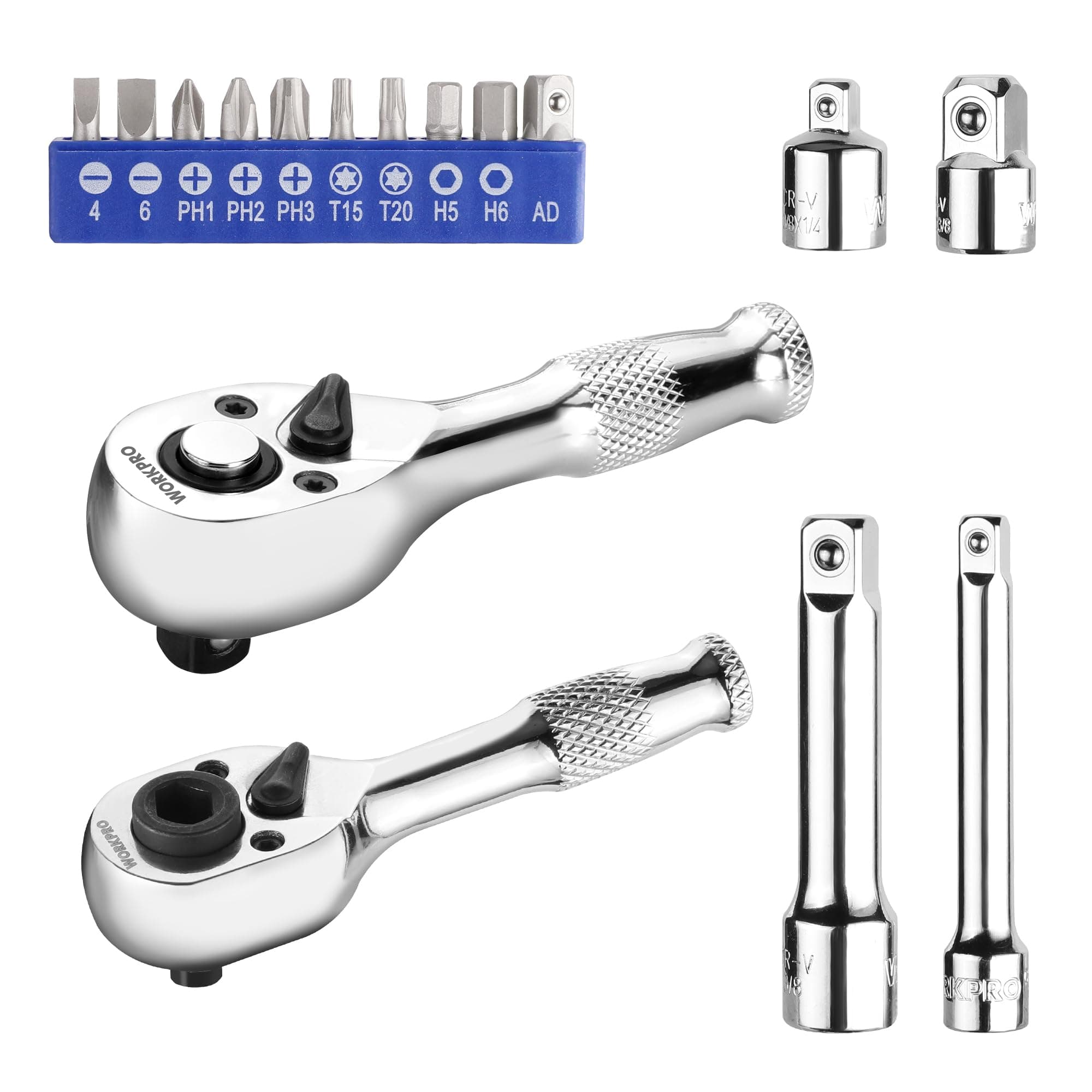 Stubby Ratchet & Bit Driver Set 16 PCS, 1/4", 3/8" Drive Ratchet Handle Wrench, 72-T Quick-Release Reversible Socket Wrench, 2 Socket Adapters, 2 Extension Bars, 10 PCS 1/4" Hex Bits