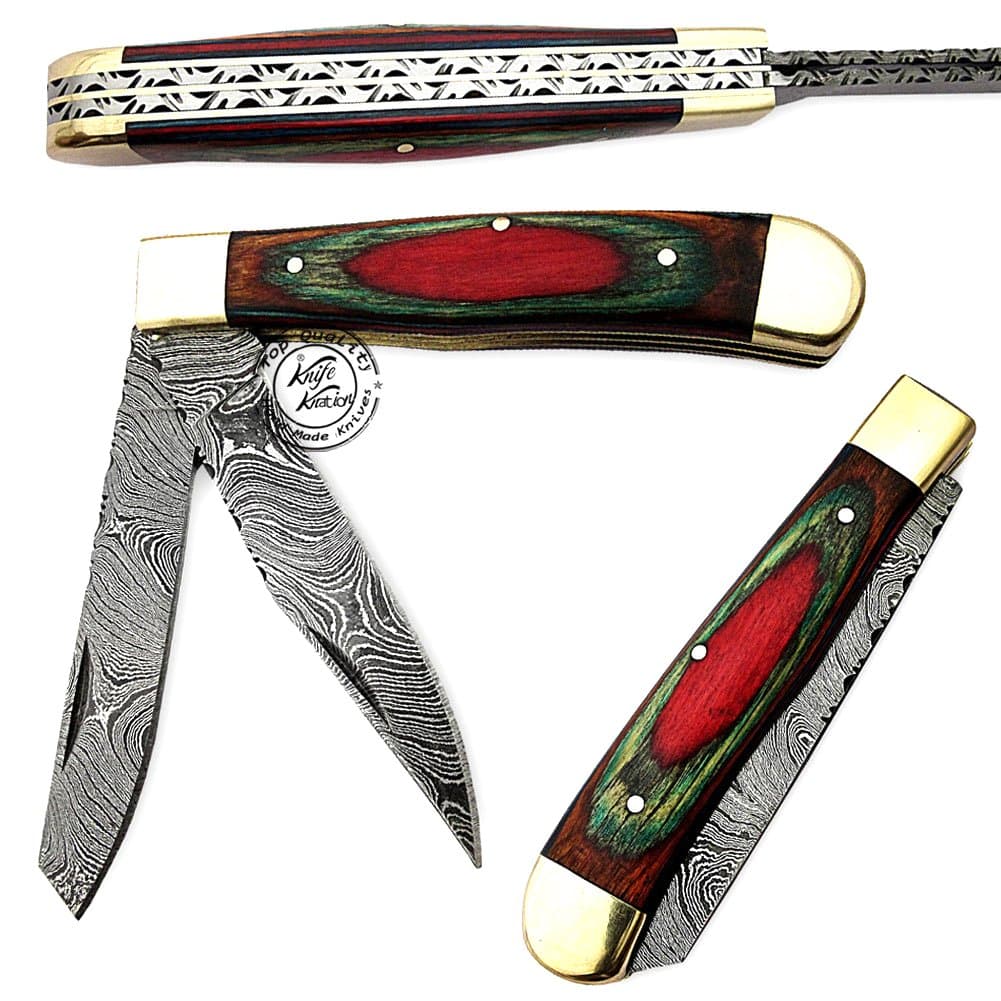 Double Blade Multi Color 8.5'' Damascus Steel Double Blade Trapper Folding Pocket Knife 100% Prime Quality