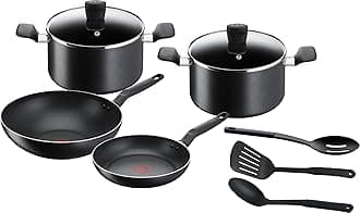 9-Piece Cookware Set, 24 cm Frying Pan + 28 cm Wok + 22/24 cm Saucepans + Utensils, Non Induction, Non-Stick Coating, Ergonomic Handle, Super Cook B459S984
