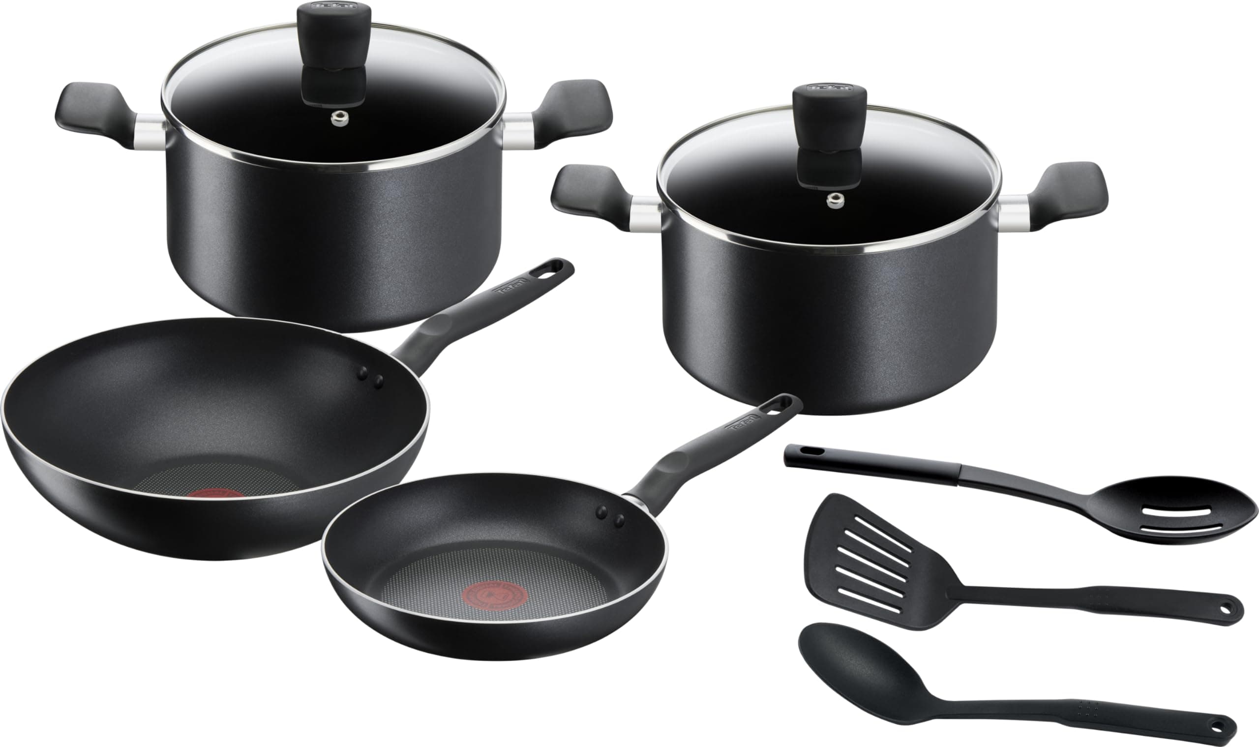 9-Piece Cookware Set, 24 cm Frying Pan + 28 cm Wok + 22/24 cm Saucepans + Utensils, Non Induction, Non-Stick Coating, Ergonomic Handle, Super Cook B459S984