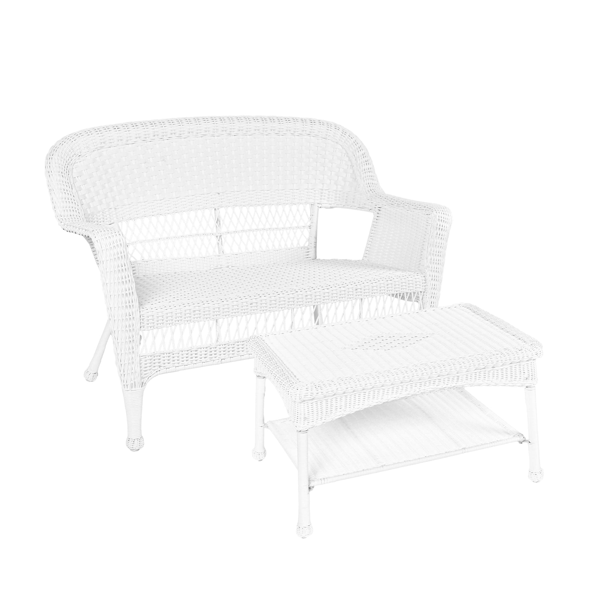 Jeco Wicker Patio Love Seat and Coffee Table Set without Cushion, White