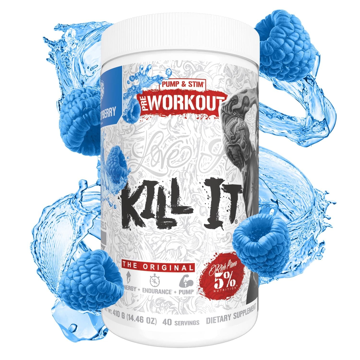 Rich Piana Kill It Pre Workout Powder w/Creatine, Caffeine, Beta Alanine, Hydroprime Glycerol for Pump, Strength, Endurance | 20/40 Srvgs (40 Servings, Blue Raspberry)