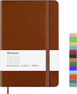 Wiisdatek Notebook Journal, Lined Leather Hard Cover,100Gsm Thick Paper with Inner Pocket for Writing Note Taking Office School,5"×8.25"(Brown)