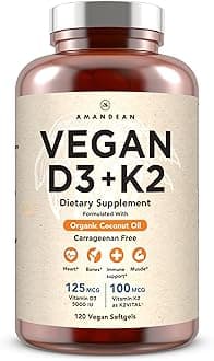 Vitamin D3 K2. Vegan & Plant-Based 5000iu VIT D from Algae. All-Trans MK-7 K2Vital. 120 Softgels. Carrageenan Free. Organic Coconut Oil Blend. for Mood, Bones, Heart, Immune Health.