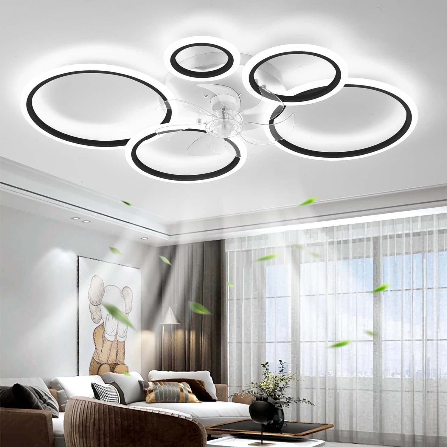 Modern Ceiling Fan with Lamp with Remote Control LED 72W Dimmable Fan Ceiling Light Ceiling Fan Lighting for Living Room Bedroom Kitchen, 6 Speeds, Fan Reversal, Black 100cm