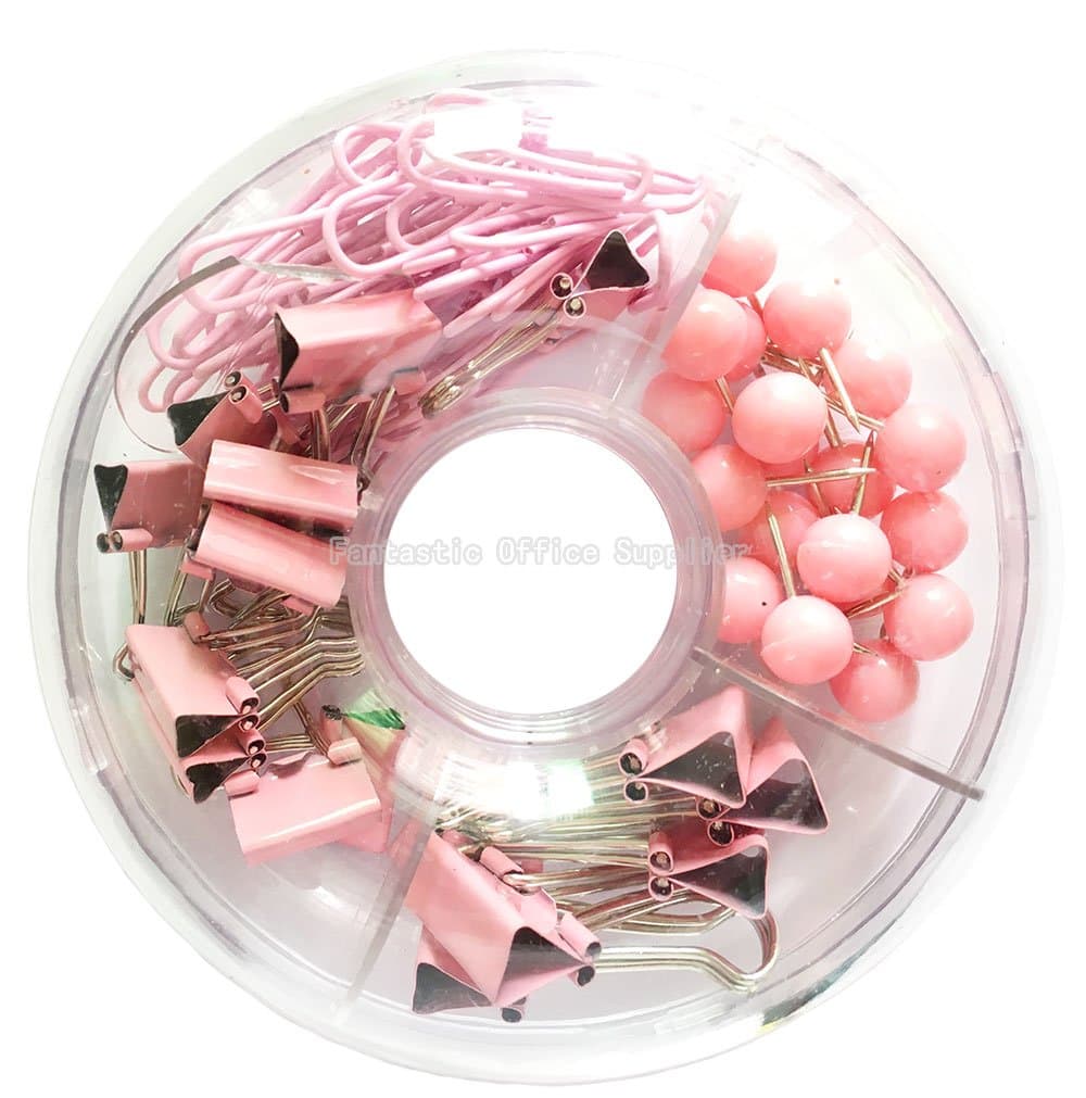 65 PCS Pink Push Pins/Paper Clips/Binder Clamps/Binder Clips, Pink Office Supplies Bulletin Boards Thumb Tacks Set Desk Accessories for School Supplies