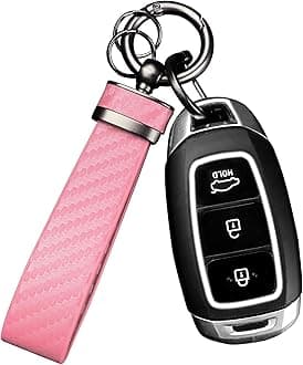 Turcee Carbon Fiber Car Keychain,Automotive Interior Accessories Keychains Leather Car Key Fob,Car Accessories Key Ring&Anti-Lost D-Ring(light pink)