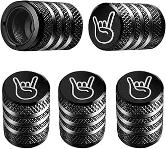 Tire Valve Stem Cap Cover - (5 Pack) Tire Air Cap Metal with Plastic Liner Corrosion Resistant Leak-Proof Rock and Roll for Car Truck Motorcycle Bike Black