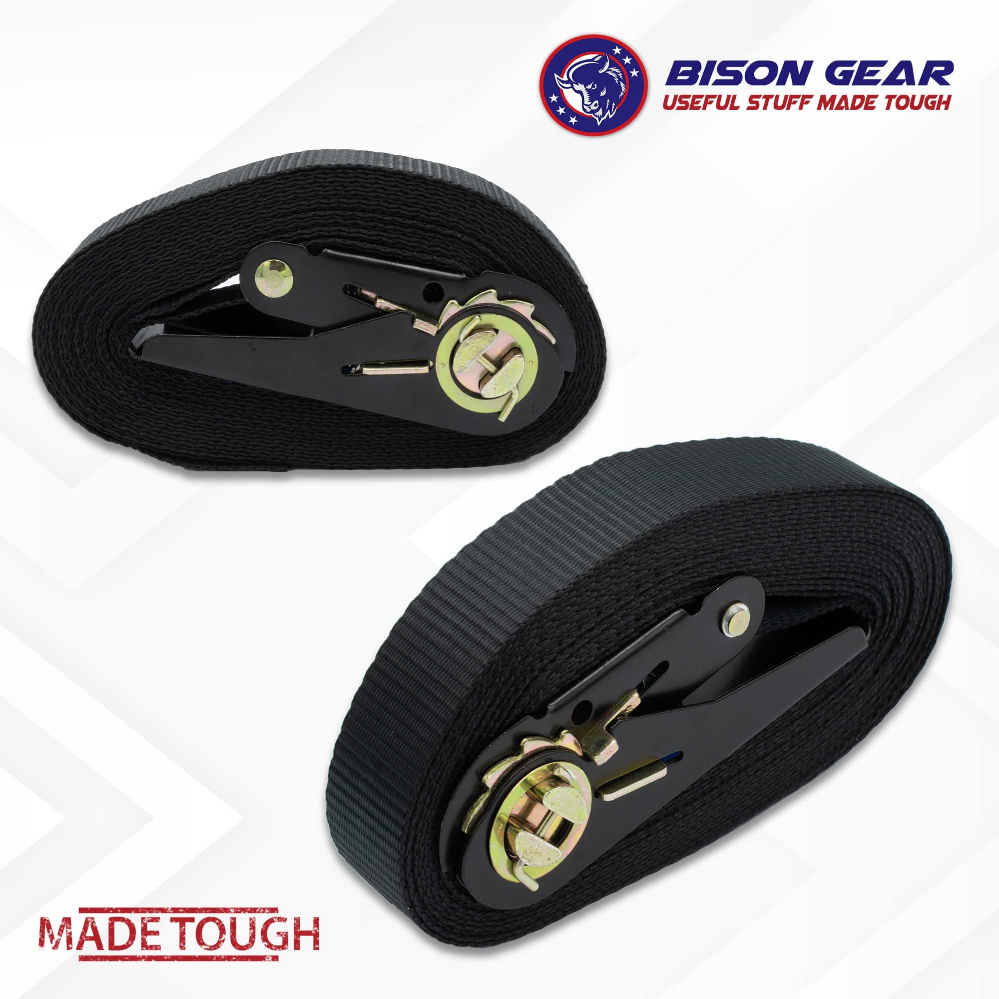 Bison Gear Endless Ratchet Tie Down Straps 19ft 6m 800kg 6m x 1in 25mm 1700lbs 800kg (4 Pack, Black) - No Hooks