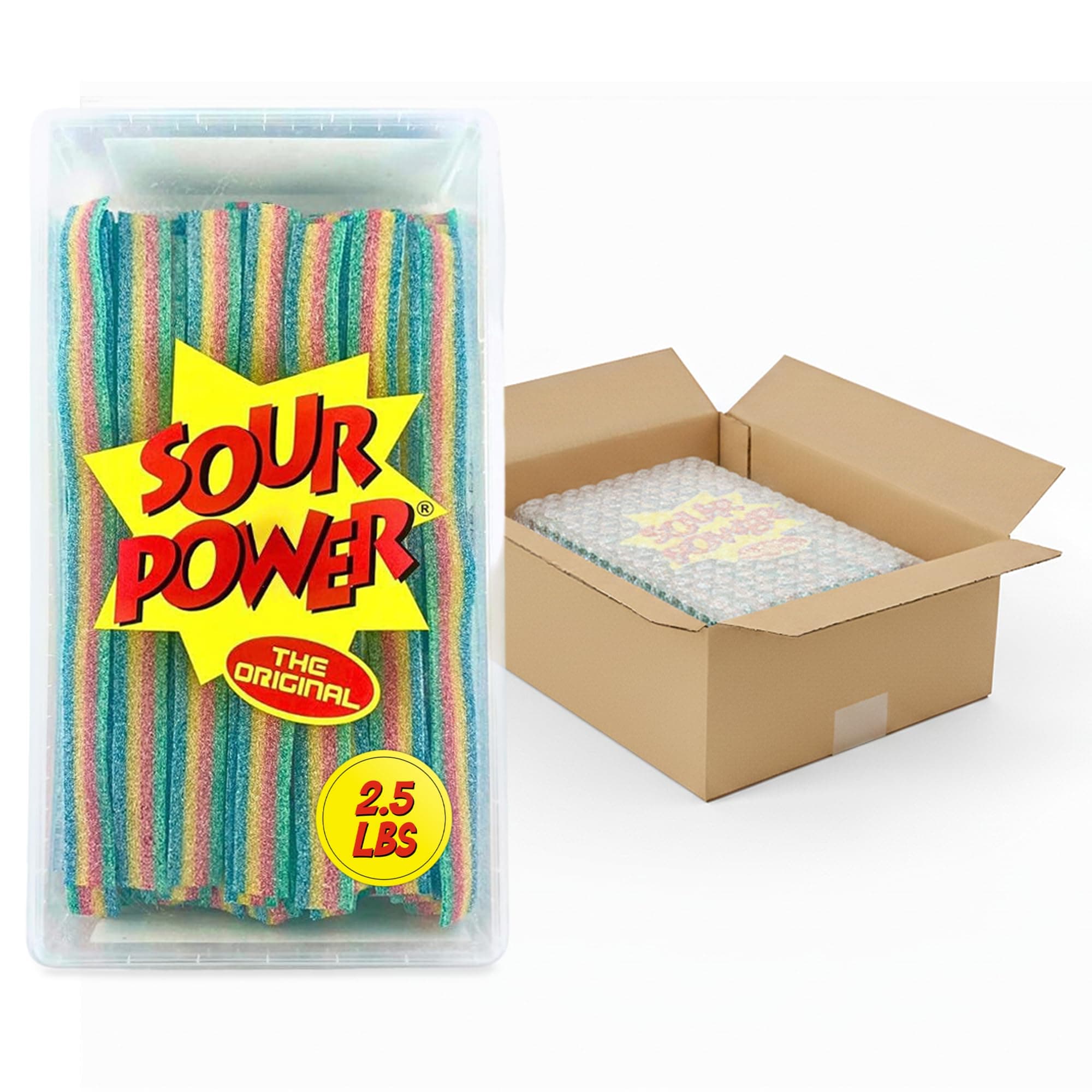 Sour Power Quattro Rainbow Candy Belts, 2.5 lb Bulk Tub Resealable, Vegan Four Flavor Sour Candy Since 1985, Soft Chewy Sweet Tart, Non-GMO Gelatin Free, Bubble Wrapped & Boxed for Shipping