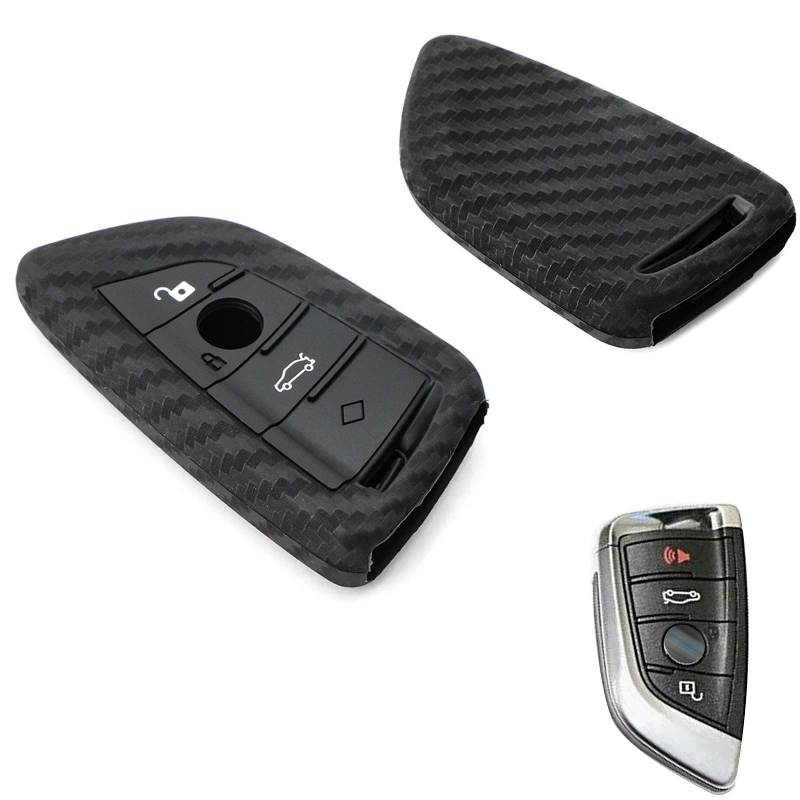 Carbon Fiber Pattern Soft Silicone Key Fob Shell Cover Case Compatible with BMW X3 X5 3 4 5 6 7 GT Series Z4 M3 M5 G05 G20 G30 G80 F10 F15 F30 F80 F85 Smart Keyless Entry Key(Blade Shape)