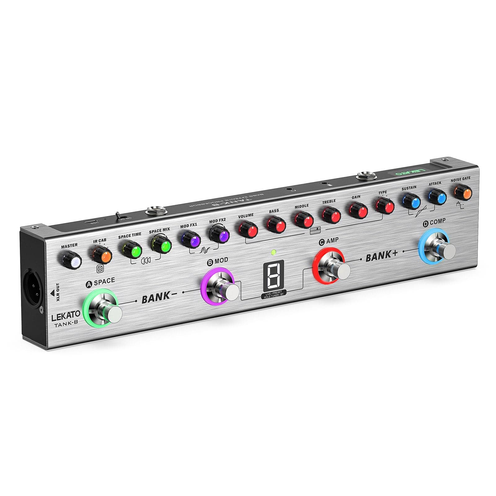 LEKATO Bass Multi Effects Pedal, Bass Effects Pedal with 36 Presets, Editable 4 Modules, Amp, Compressor, Mod, Space, Reverb, IR CAB, Tuner, BT Connection, Music Recording