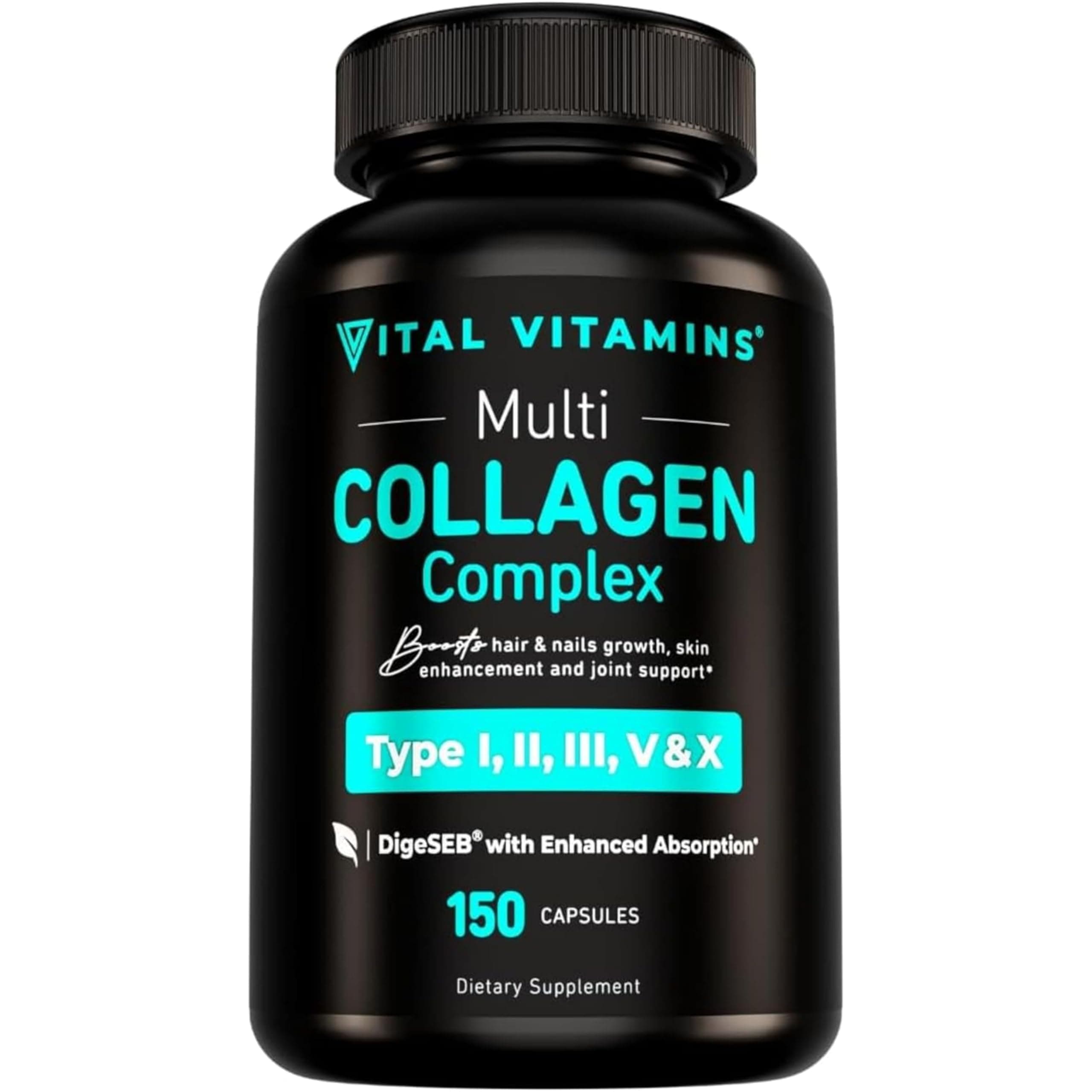 Vital Vitamins Multi Collagen Capsules - Type I, II, III, V, X - Grass-Fed, Collagen Peptides Supplements, Non-GMO - for Men & Women - 150 Count