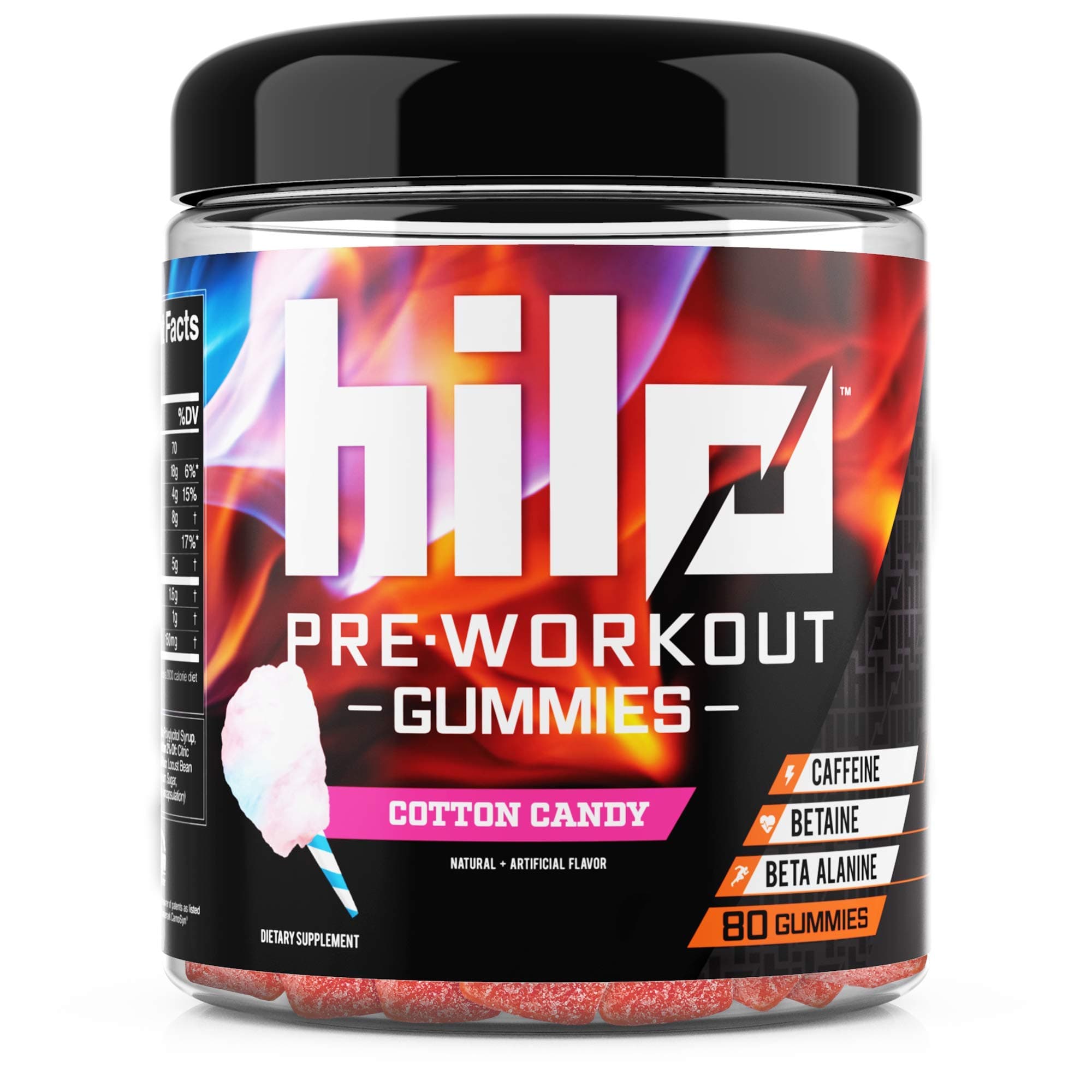 Hilo Pre Workout Gummies - Workout Booster with Caffeine, Beta Alanine and Betaine - Cotton Candy Flavor, 80 Count