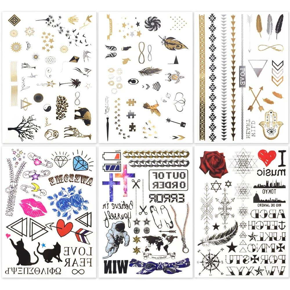 Hakuna 6 Sheets Temporary Tattoos - Over 130+ Long lasting Fake Tattoo Designs in Black, Gold, Sliver Bling with Colors. Type: Letter, Star, Bird, Feather, Cat, Tree, etc.