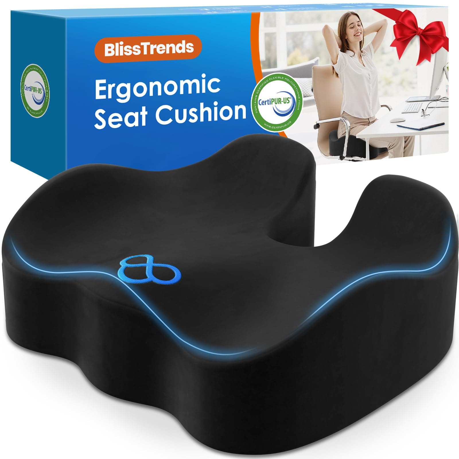 BlissTrends Seat Cushion,5.2in Thick Memory Foam Cushions for Office Chair, Car Seat, Airplane, Relieving Pressure Tailbone Sciatica Back Pain for Long Sitting Office Workers, Car Drivers Black