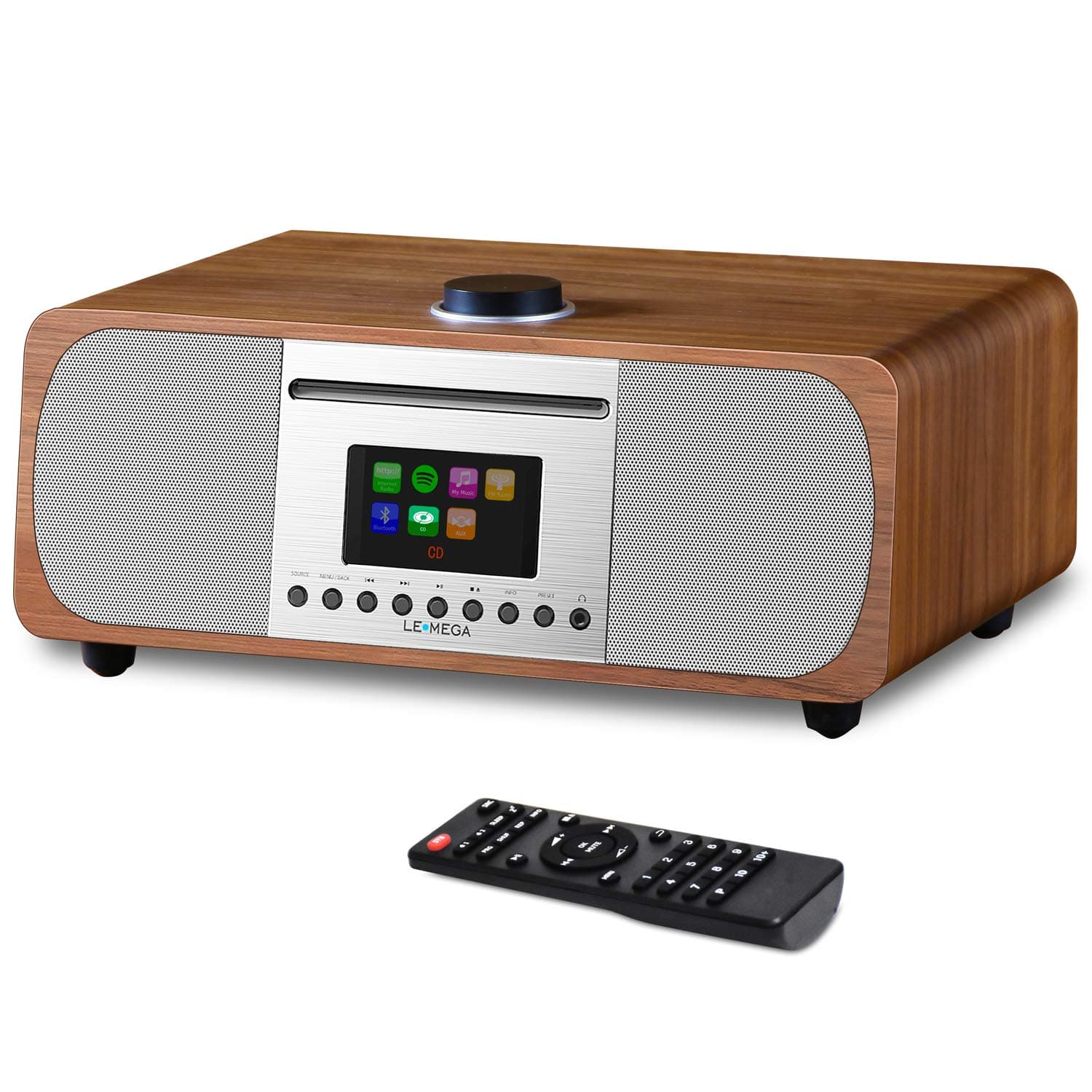 LEMEGA M5+ All-in-One 35W Premium Music System with CD Player/Internet/FM Radio, Spotify, WiFi, Bluetooth, Built-in Subwoofer, USB MP3, Headphone-Out, Clock and Alarms, Remote & app Control – Walnut