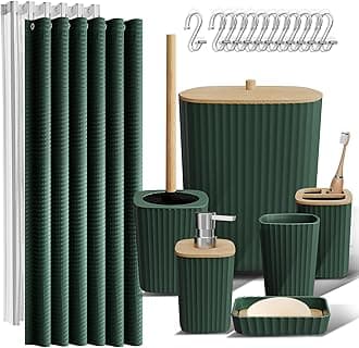 Clara Clark Bathroom Accessories Set - Green Bathroom Set, 20PC Bathroom Accessory Set, Shower Curtain Set, Toilet Brush, Trash Can & Soap Dispenser