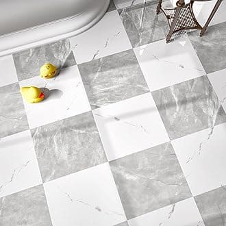 40-Pack Peel and Stick Tile Vinyl Floor Glossy 12x 12 inch, Waterproof Stick on Tiles for Bathroom, Kitchen, Dining Room, Cover 40 Sq. Ft, Light Grey&White Marble (20 per Color)