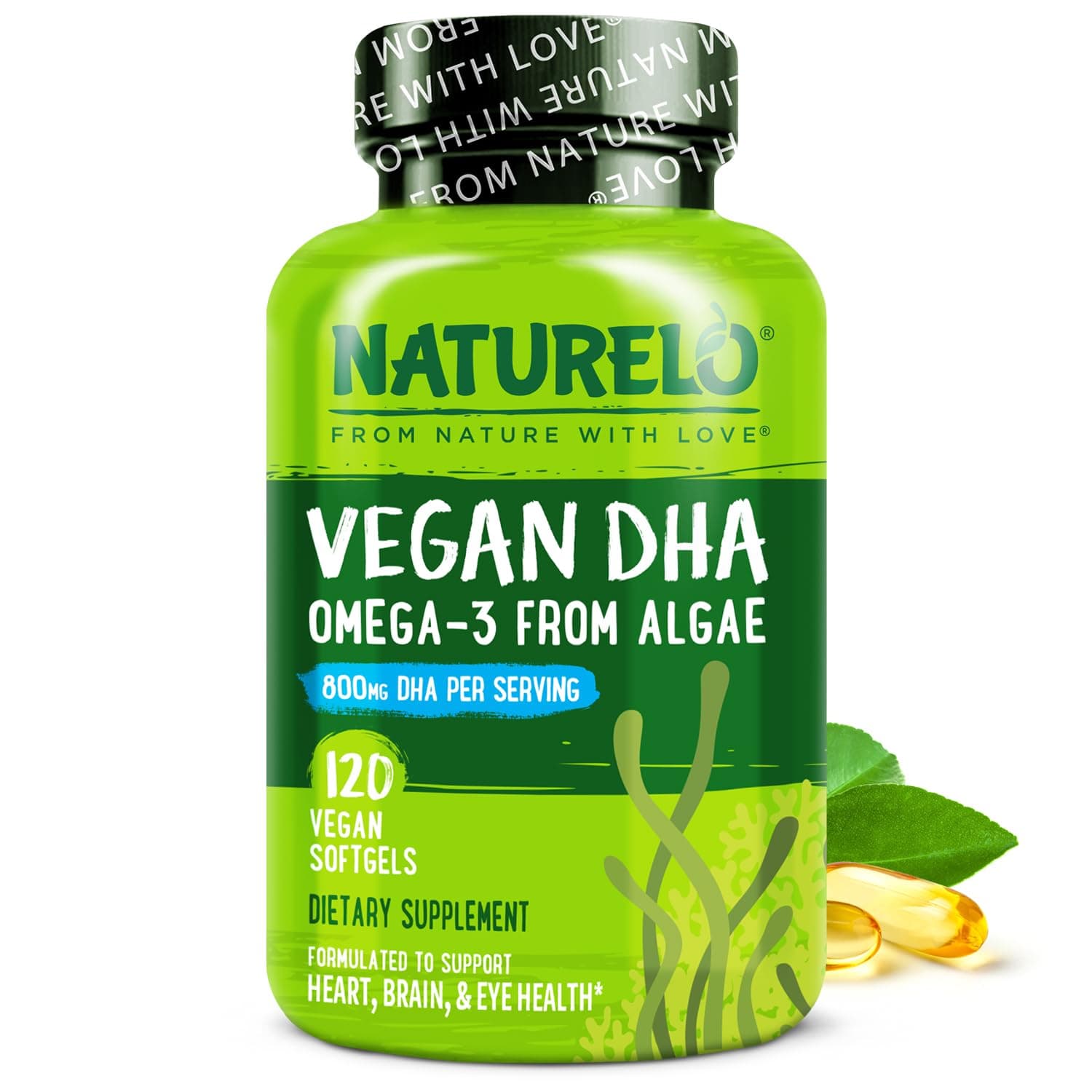 NATURELO Vegan DHA - Omega 3 Oil from Algae - Best Supplement for Brain, Heart, Joint, Eye Health - Provides Essential Fatty Acids for Women Men and Kids - Complements Prenatal Vitamins - 120 Softgels