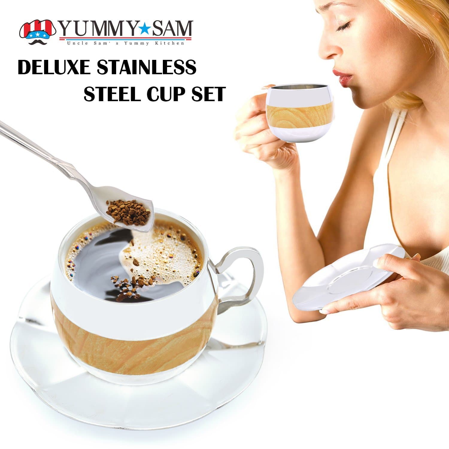 Double Wall Coffee Cup Stainless Steel Cappuccino Cup Set Tea/Espresso Cup With Spoon and Saucer Set-Practical Home Gadget by Eshop99