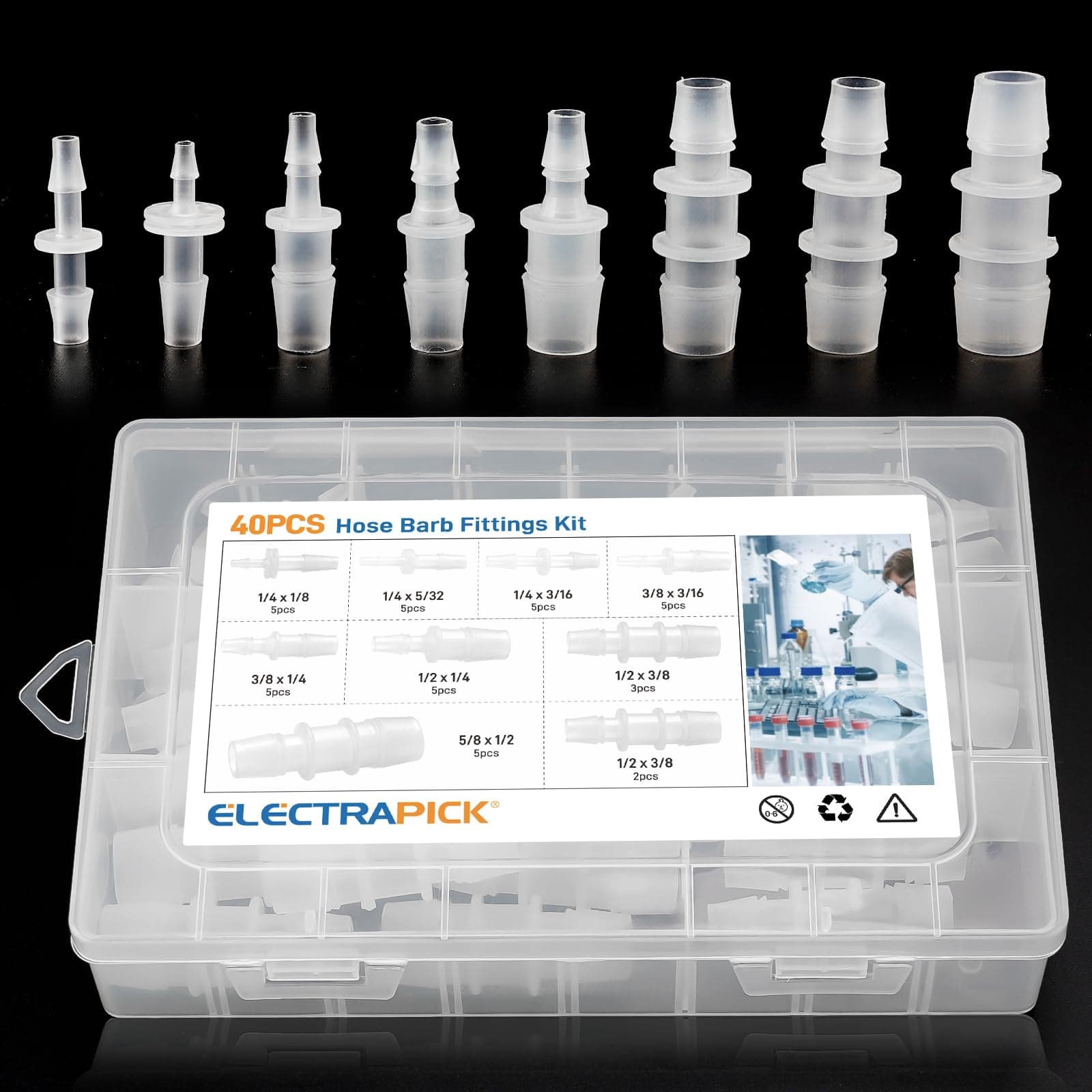 ELECTRAPICK 40pcs Hose Barb Fitting, Plastic Hose Barb Reducing Fittings Assortment,Barbed Reducer For Air Gas Water Liquid Line Catheter Tube Pump Adapters