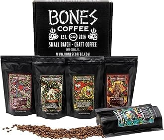 Bones Coffee Company NEW World Tour Sample Pack, Single-Origin Flavored Coffee Low Acid Medium Roast Arabica Beans Specialty Coffee Gifts Compatible Auto Drip and French Press, 4 oz Pack of 5 Ground