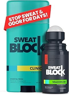 SweatBlock Antiperspirant Deodorant Max Clinical System for Men & Women. Treat Hyperhidrosis - Includes: (1) DRIBOOST [PM] Maximum Strength Antiperspirant Roll-on + (1) [AM] Clinical Deodorant