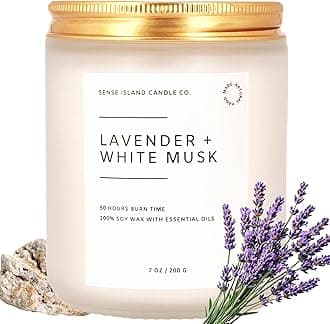 SENSE ISLAND Lavender White Musk Scented Candles for Women | Natural Soy Wax, 50 Hrs Burn Time Highly Scented Aesthic Candles for Home Scented