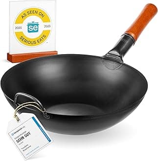 YOSUKATA Carbon Steel Woks and Stir Fry Pans 34 cm - Traditional Chinese Japanese Wok with Flat Bottom - Compatible with Induction, Electric, Ceramic, Gas cooktops, and Open Flame, BBQ, Grill