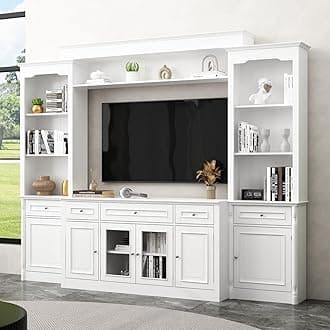 ECACAD 4-Piece Entertainment Center Wall Unit with Bookshelves for TVs up to 60", Multifunctional TV Stand Media Console Table with Glass Doors, Shelves, Drawers & Doors, White