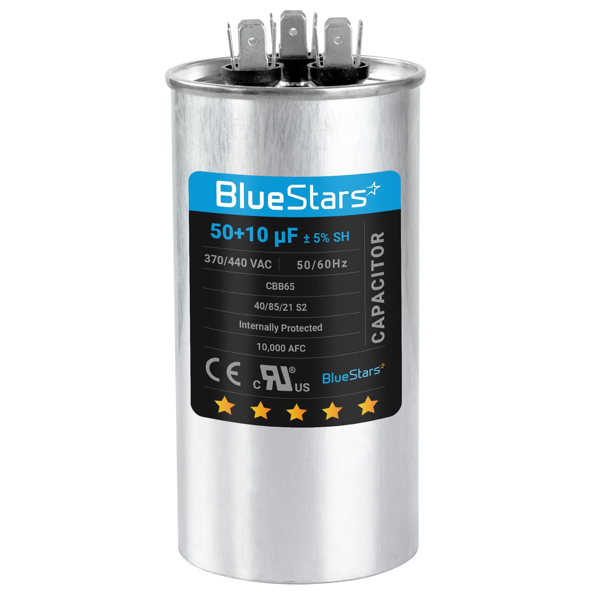 50+10 uf 370-440VAC ±5% Volts Round Run Start Capacitor Electric Replacement Part by BlueStars - Exact Fit for HVAC, Air Conditioners, Heat Pumps