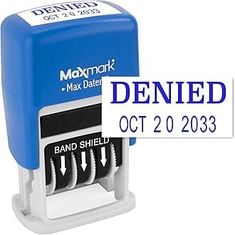 MaxMark Self-Inking Rubber Date Office Stamp with Denied Phrase & Date - Blue Ink (Max Dater)