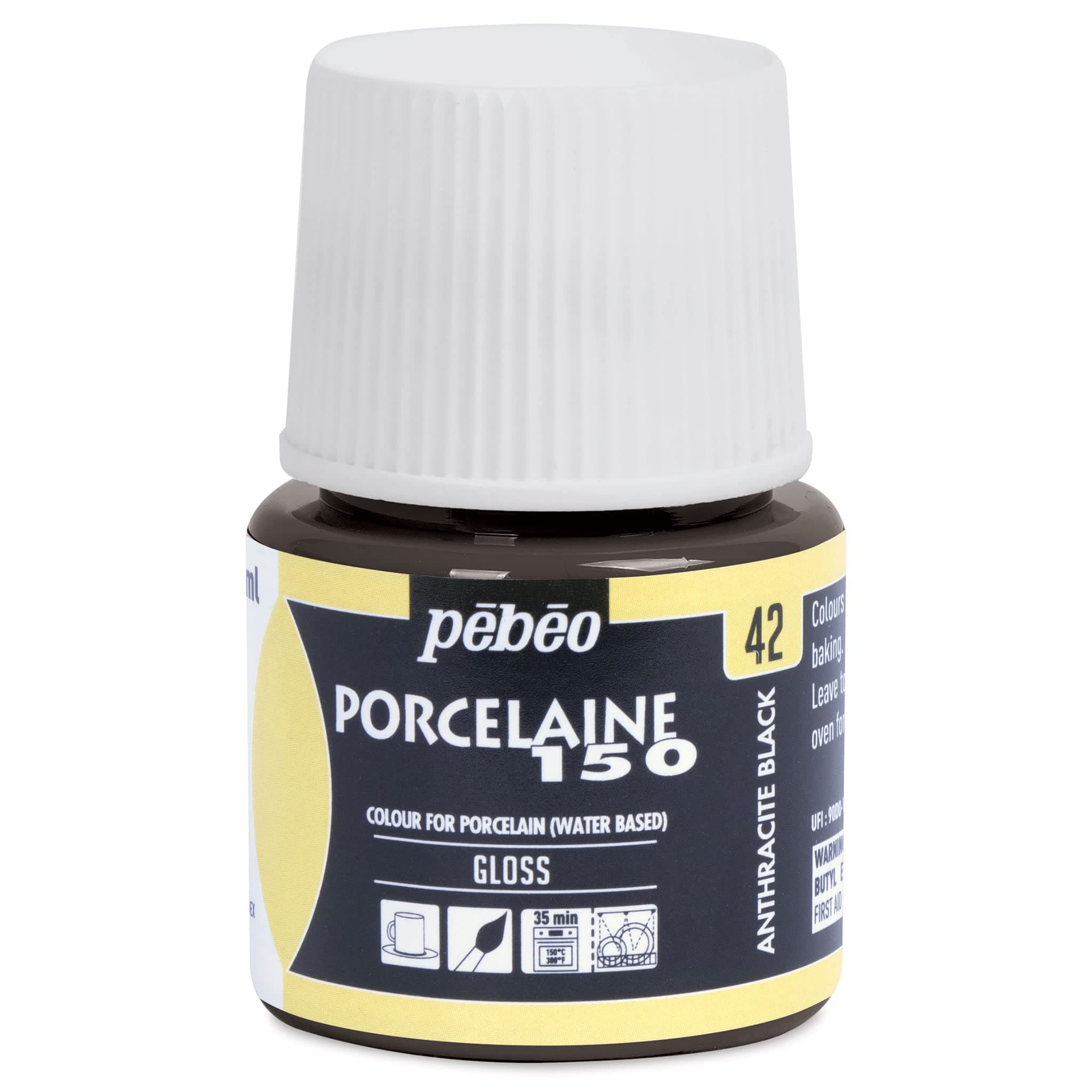 PEBEO Porcelaine 150 Ceramic Paint - Water-Based High-Gloss Paint, 45 ml Bottle - Anthracite Black