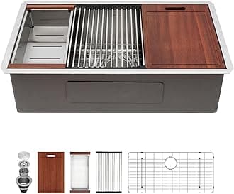 Sarlai 30 Inch Kitchen Sink - Undermount, Single Bowl, Rectangular, Stainless Steel, 16 Gauge, Brushed Finish, 30"x18"x10"