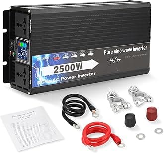 NIHAO 2500W Power Inverters DC 12V to 110V AC Converter with LCD Display, 2 International Socket and Battery Clips for Home, RV, Outdoor, Camping, Boat, Black