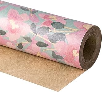Floral Wrapping Paper Roll for Women, Mini Roll, Pink Flower with Foliage Kraft Paper, Gray Vintage Gift Wrap for Birthday, Wedding, Anniversary and Mother's Day, 17 Inches x 32.8 Feet