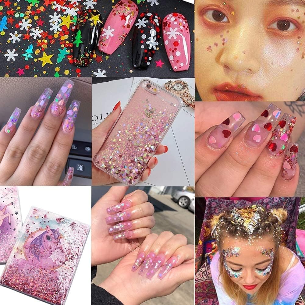 24 Boxes Heart Nail Art Sequins, Heart Shape Star Snowflake Christmas Tree Laser Sequins, Flakes Colorful Confetti Nail Glitter for Women DIY Nail Art Valentines Day Decorations